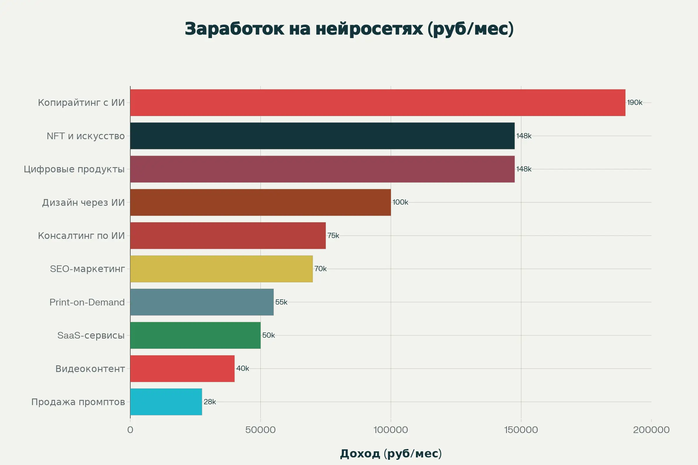 Инфографика: 10 способов заработка на нейросетях с указанием среднего дохода в рублях за месяц