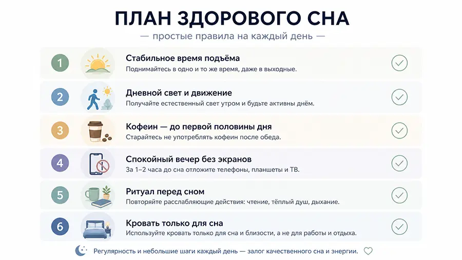План здорового сна на каждый день с утренними, дневными и вечерними привычками