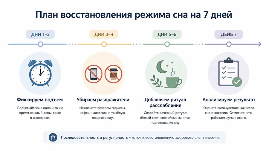 План восстановления режима сна на 7 дней в виде инфографики