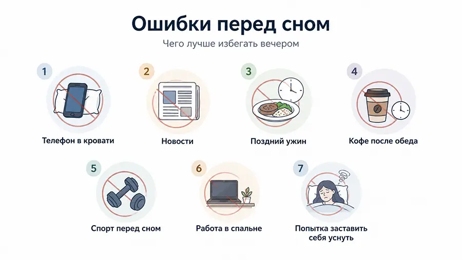 Инфографика с ошибками перед сном, которые мешают быстро уснуть