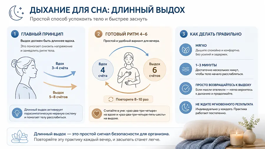 Схема дыхательных техник для сна с длинным выдохом и техникой 4–6