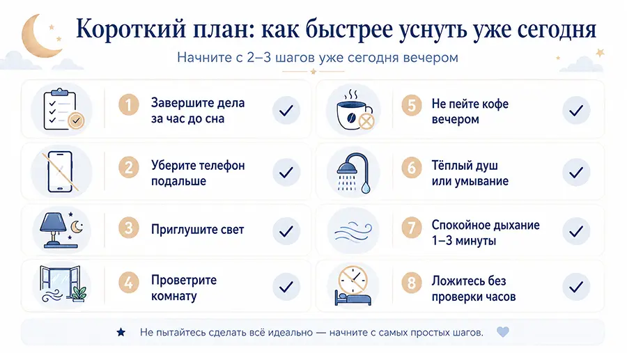 Короткий вечерний план, как быстрее уснуть уже сегодня