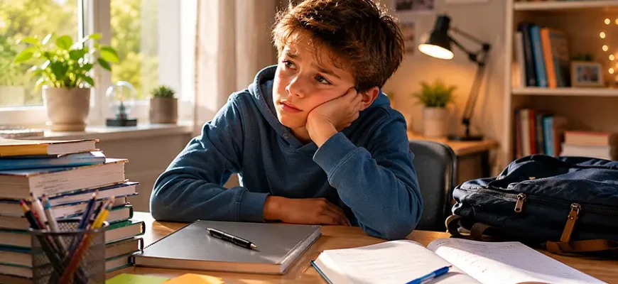 Ребёнок не хочет учиться, школьник сидит за столом с закрытой тетрадью