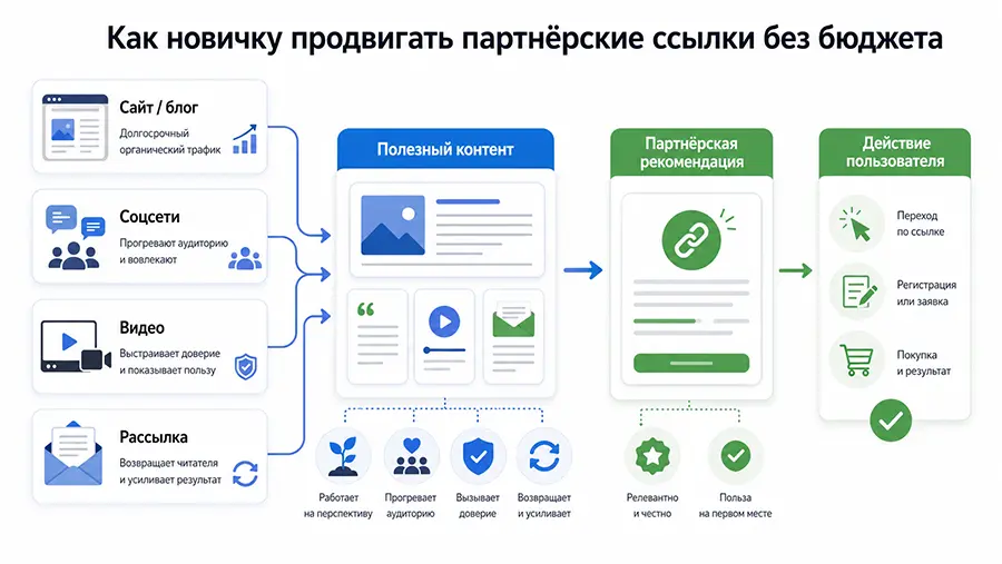 Воронка продвижения партнерских ссылок без бюджета через сайт, соцсети, видео и рассылку