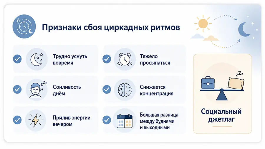 Признаки нарушения циркадных ритмов и социального джетлага