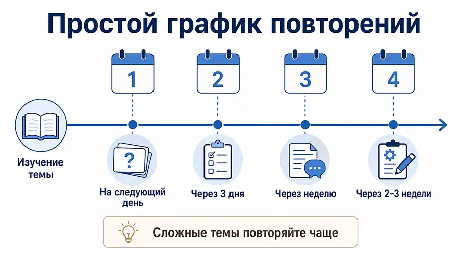 Пример графика интервальных повторений на следующий день, через три дня, неделю и две-три недели