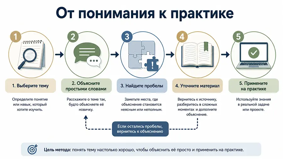 Схема метода Фейнмана от выбора темы до применения знаний на практике
