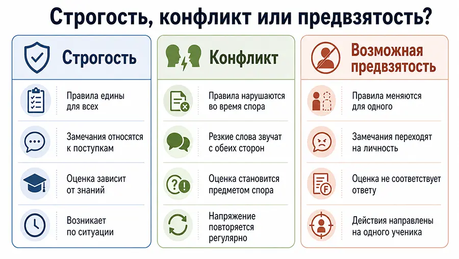 Сравнение строгости, конфликта и возможной предвзятости учителя