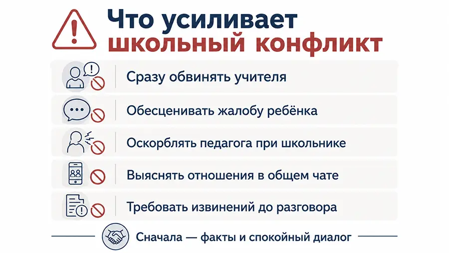 Пять ошибок родителей, которые усиливают конфликт ребёнка с учителем