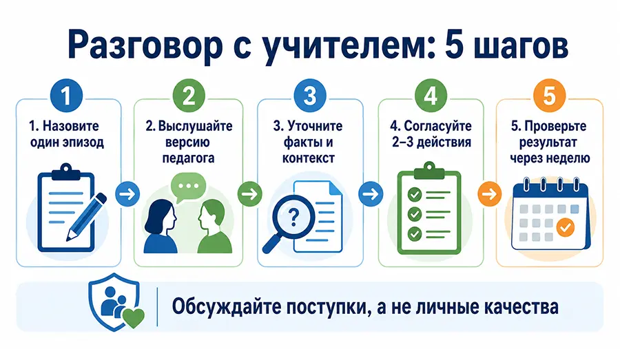 Пять шагов спокойного разговора родителей с учителем