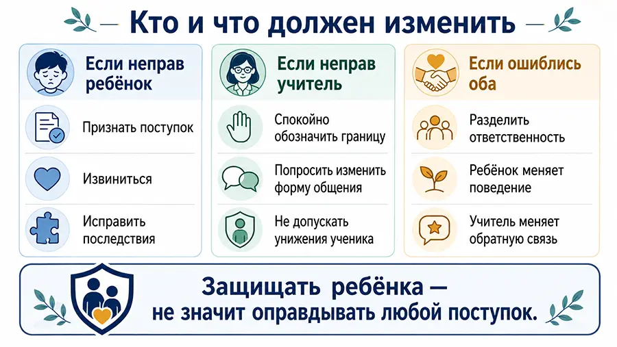 Действия родителей, если в школьном конфликте неправ ребёнок, учитель или обе стороны