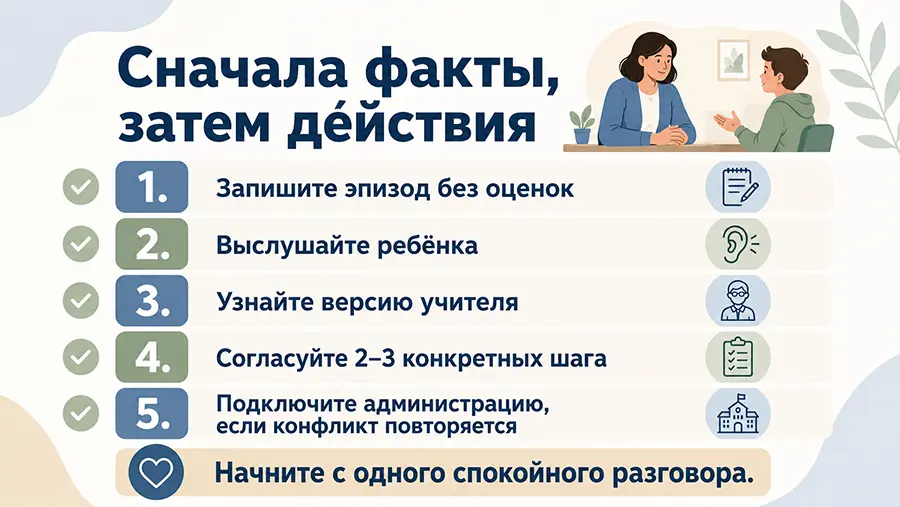 Краткий алгоритм действий родителей при конфликте ребёнка с учителем