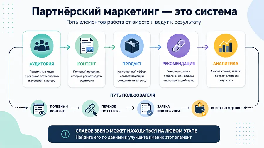 Система партнёрского маркетинга из аудитории, контента, продукта, рекомендации и аналитики
