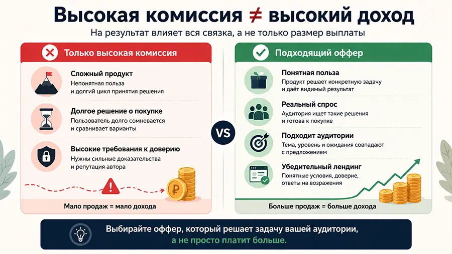 Сравнение высокой комиссии и подходящего аудитории партнёрского оффера
