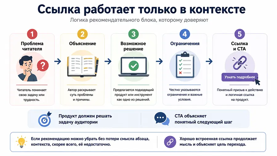 Партнёрский маркетинг. Схема размещения партнёрской ссылки через проблему, объяснение, решение и призыв к действию