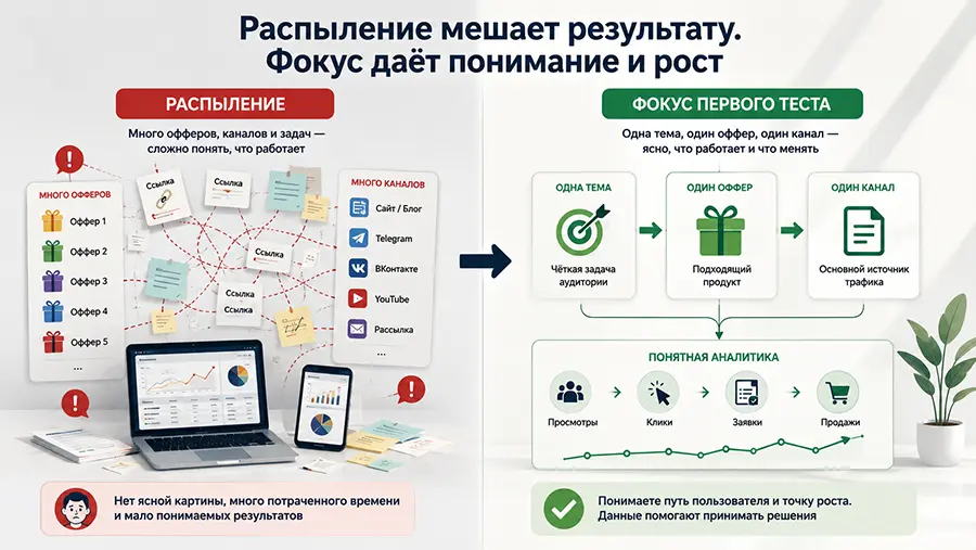 Сравнение распыления на множество офферов и каналов с фокусом на одной партнёрской связке