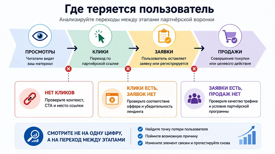 Партнёрский маркетинг. Диагностика партнёрской воронки по просмотрам, кликам, заявкам и продажам
