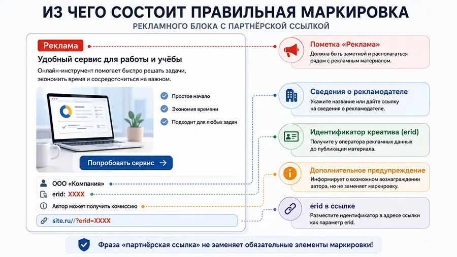 Пример правильной маркировки рекламного блока с пометкой «Реклама», рекламодателем и erid
