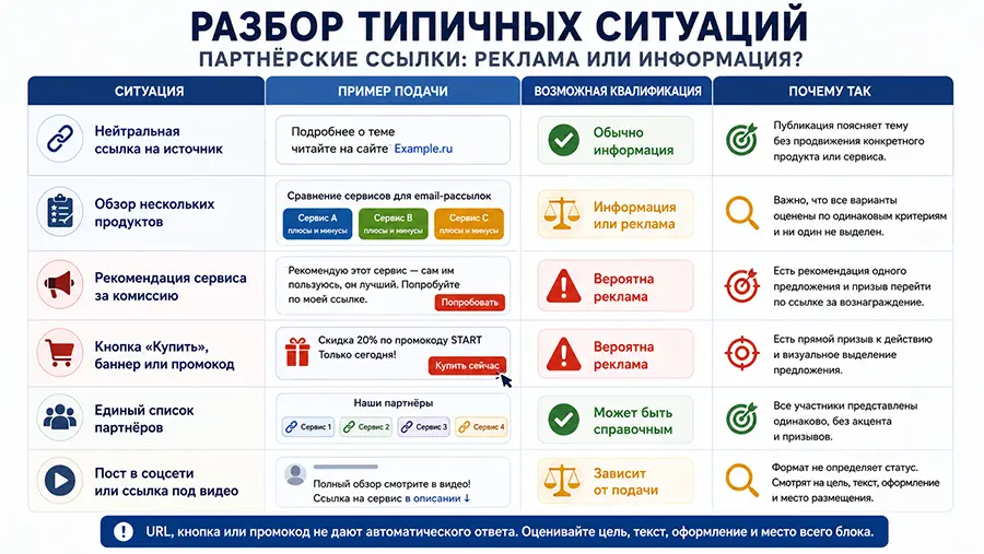 Примеры публикаций с партнёрскими ссылками и возможная рекламная квалификация