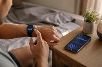 Трекер сна на запястье и смартфон со статистикой ночного отдыха